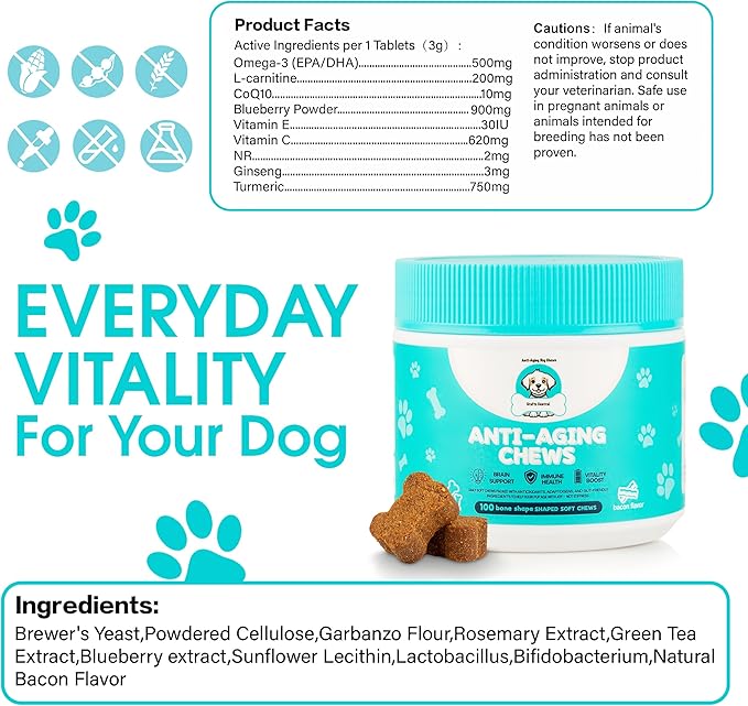 Anti-Aging Dog Supplement – Soft Chews for Senior Dogs with NAD+ Support from Nicotinamide Riboside, Omega-3, Amino Acids, Probiotics – Brain, Joint & Immune Health – Bacon Flavor – 100 Count