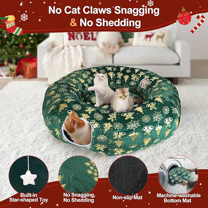 Cat Tunnel Bed for Indoor Cats, XL Christmas Tree Skirts Washable Warm Soft Indoor Cat Donut Tunnel, Multifunctional Cat Interactive Playground Toys for Felines Pet Christmas Tree Decoration