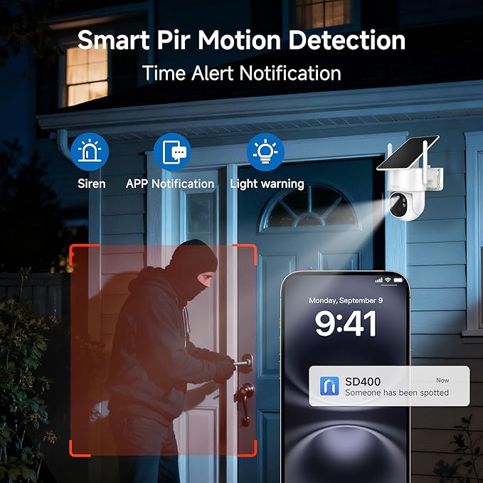 Noorio 2K Solar Security Camera Wireless Outdoor, Fixed Solar Panel/Battery Powered, 4MP, 2.4G/5G WiFi, 360° View, AI Human Detection, Color Night Vision, 2-Way Audio, IP65, for Home Security