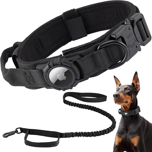 Tactical AirTag Dog Collar Leash Set - Heavy Duty, Adjustable GPS Collar Compatible with Apple AirTag, with Holder & Control Handle for Medium/Large Dogs [Black, XL]