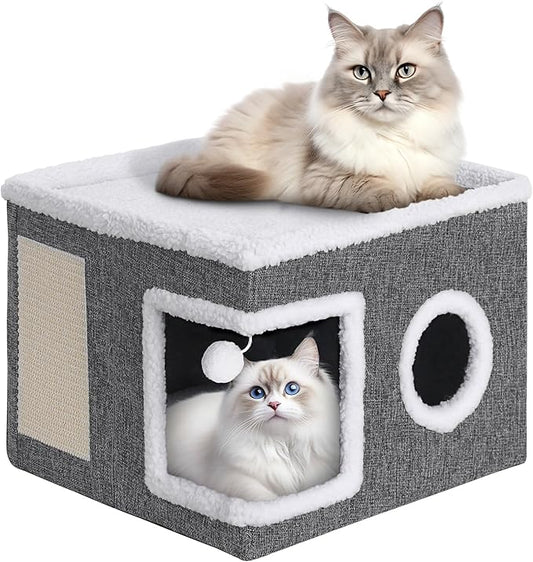 Cat Houses for Indoor Cats - Large Cat Bed Cave with Fluffy Ball and Scratch Pad, Foldable Cat Condo Hideaway for Multi Small Kitten & Pet, Grey