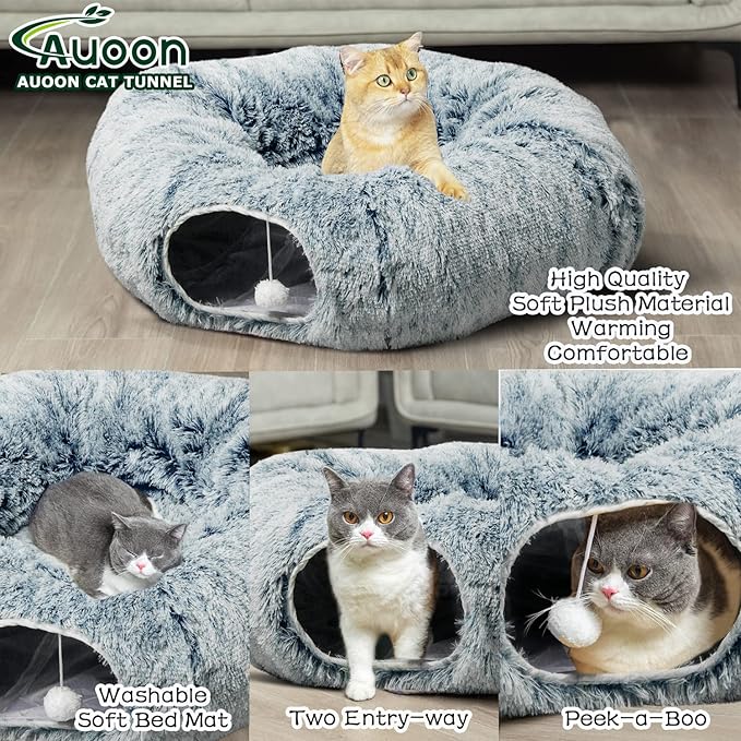 AUOON Cat Tunnel Bed - Christmas Tree Cat Tunnel, Cat Donut Tunnel with Soft Plush Circle Cushion for Indoor Cats Kitten Kitty Puppy Rabbit Ferret (Gray)