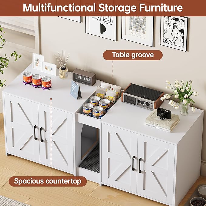 55" Cat Litter Box Enclosure, Double Litter Box Cabinet with Cat Bed, PVC Pad and Scratch Pad, Hidden Litter Box Furniture for 2 Cats with Storage and 2 Entrances, White