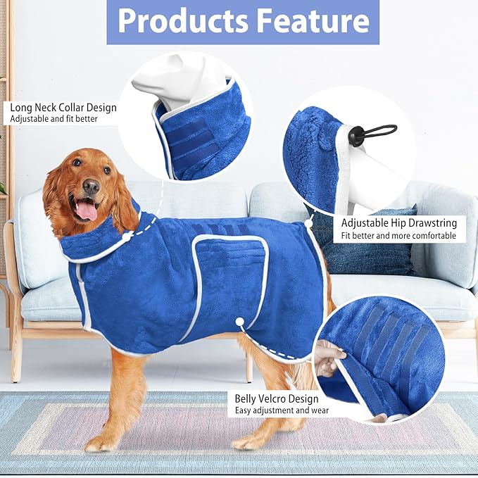 Dog Bathrobe Towel Dog Drying Coat - Super Absorbent Towels Bath Robe for Dogs Large, Soft Adjustable Collar & Belly Strap Fast Drying Coat Pet Cat Bath Robe (Medium Blue‌, Small)