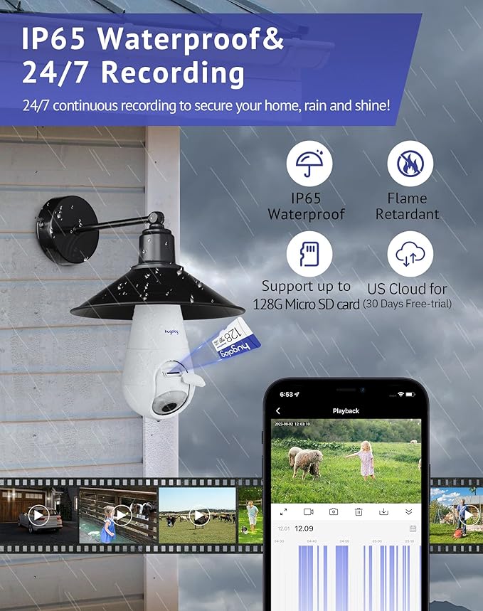 Hugolog 4G LTE Cellular Light Bulb Security Camera,360°2K Security Cameras Wireless Outdoor Indoor 4MP Full Color Day and Night,Motion Detection, Audible Alarm,Easy Installation,Compatible with Alexa