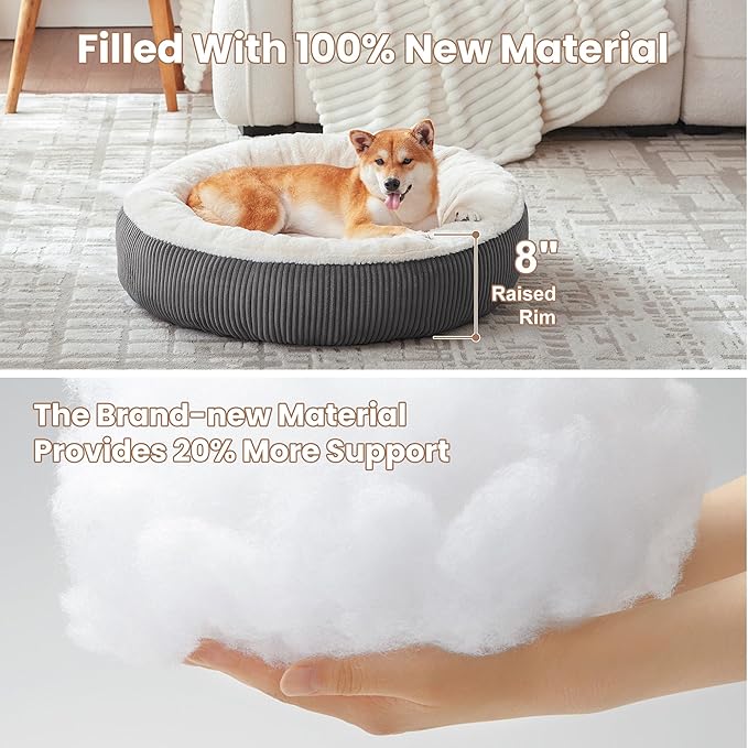 33 inches Donut Dog Bed for Medium Large Dogs,Calming Round Pet Bed with Removable & Washable Cover,Plush Faux Fur & Corduroy, Fits up to 50 lbs Pets(Dark Grey,M Plus)