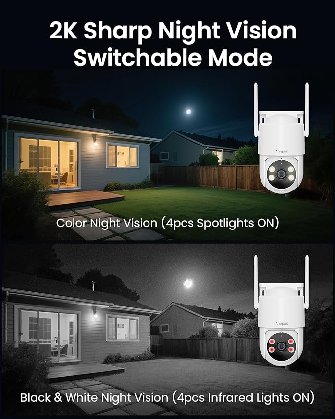 Anlapus 4 x C281 3MP 2K Security WiFi Camera Outdoor, 360° Pan/Tilt Wired Security Camera, AI Detect, Auto Track, Color Night Vision, 2-Way Talk, 2.4/5GHz, Light Siren Alarm, Cloud/Memory Card Storage