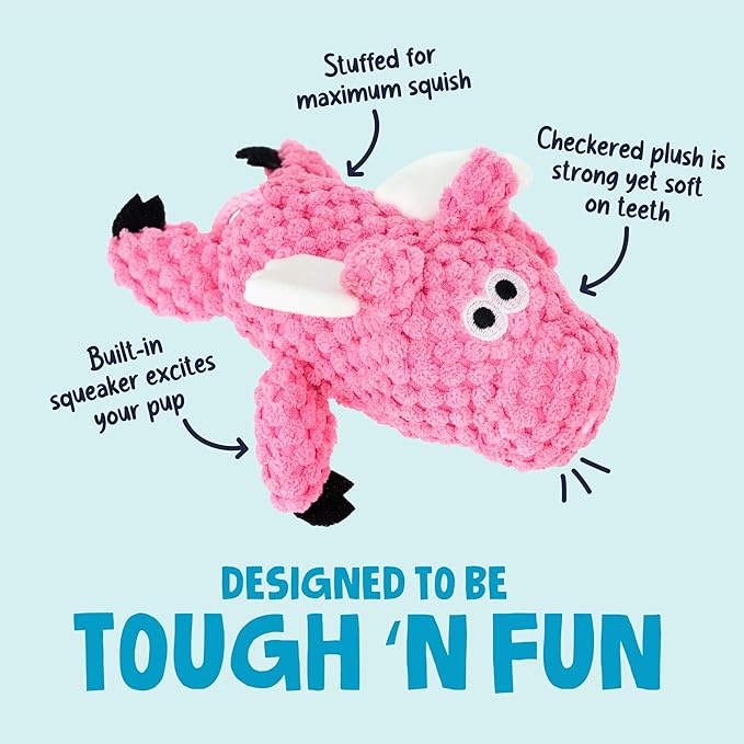 goDog Checkers Flying Pig Squeaky Plush Dog Toy with Chew Guard Technology, Durable Fabric & Squeaker for Active Play, Pink, Mini