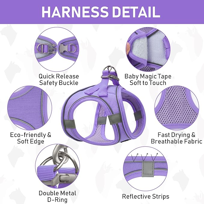 GAMUDA Small Pet Harness Collar and Leash Set, Step in No Chock No Pull Linen Fabric Soft Mesh Dog Vest Harnesses Reflective for Dogs Puppy Cats Kitten Rabbit (Purple, S)