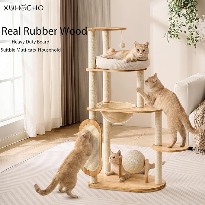 Modern Cat Tree with Scratching Post, Solid Rubber Wood Cat Tree Tower for Indoor Cats with Cotton Nest, Space Capsule, Cat Scratching Ball and Board