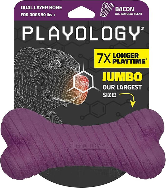 Playology Dog Toys | Dual Layer Bone Durable Chew Toy Bone for Dogs | Jumbo Bacon Scented Toy - Easy to Clean and Made from Non Toxic Materials