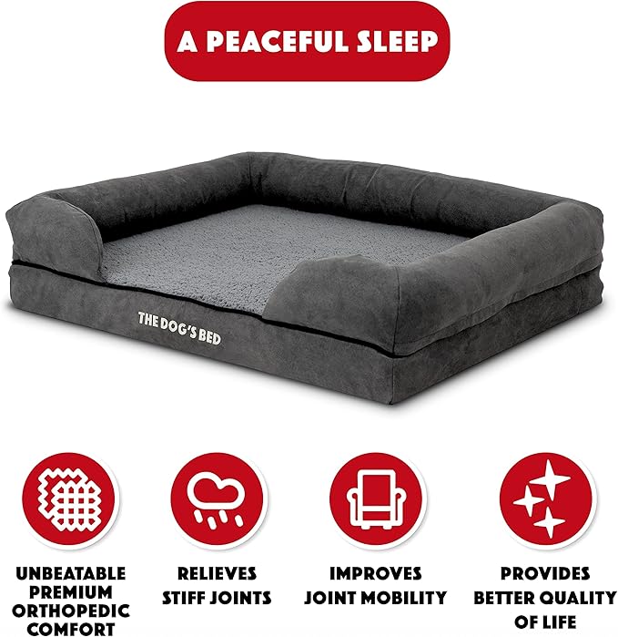 The Dog’s Bed, Medium Grey Plush Memory Foam, Pain Relief: Arthritis, Hip & Elbow Dysplasia, Post Surgery, Lameness, Supportive, Calming, Washable Cover, Veterinary Approved