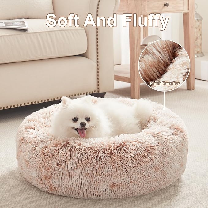 23 inches Donut Dog Bed for Small Dogs - Calming Washable Round Puppy Bed with Removable Cover, Fluffy Plush Pet Bed for Cats & Dogs, Fits up to 25 lbs Pets (Brown,Small)