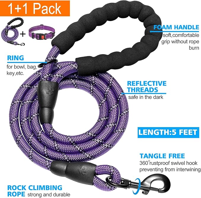 Heavy Duty Dog Leash - Comfortable Padded Handle, 5 ft Long - Dog Leashes for Small Medium Large Dogs (Leash+Collar L Neck 20"-25", Purple)