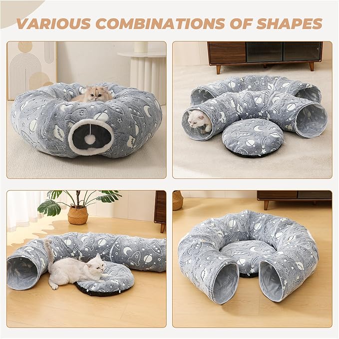 Large Cat Tunnels Bed Tube for Indoor Cats Under Christmas Tree Glows in The Dark Cat Tunnel with Cushion and Plush Ball Toy Longer Playground Toys for Dog Puppy Kitten Pet Gray