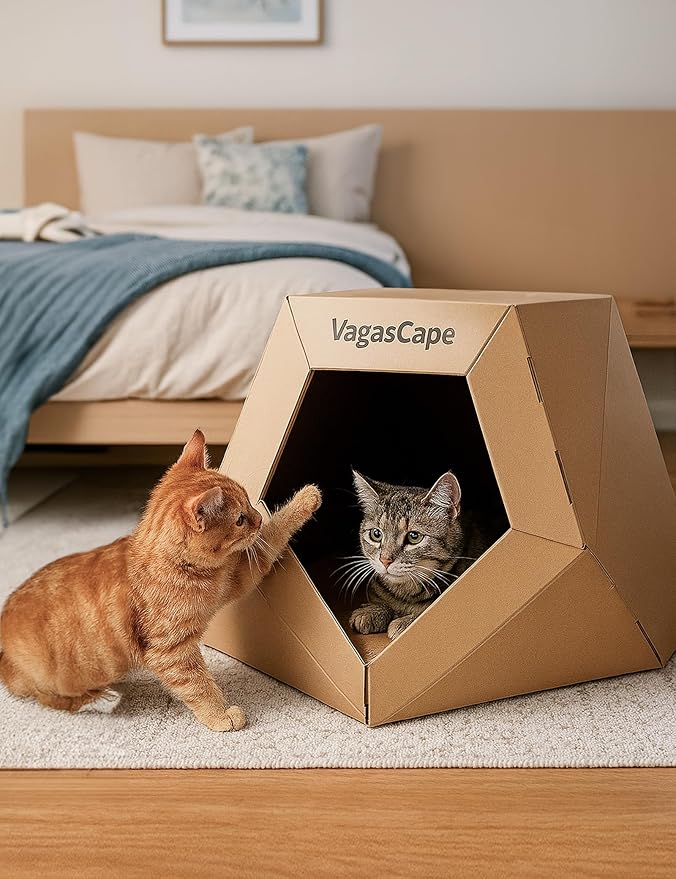 DIY Cardboard Cat House with 10 Markers, Creative Cardboard Scratcher Bed, Play Cave for Indoor Cats, Kittens to Lounge and Play