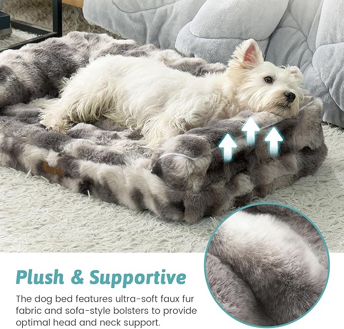 Faux Fur Orthopedic Dog Bed, Dog Bed for Large Size, Supportive Foam Pet Sofa with Waterproof Lining Cover, Washable U-Shaped Pet Couch with Anti-Slip Bottom, Tie-dye Grey L 36x27x6.5 inch