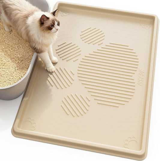 ISSEVE Cat Litter Mat 40" x 28" XL, Extra Large Silicone Mat for Litter Box, 1.38" Raised Edge Urine Waterproof Litter Trapping Mat Pad for Scatter Control, Soft on Kitty Paws, Protect Floor (Beige)