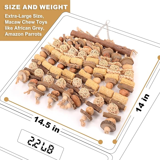 Extra Large Bird Macaw Chew Toys for Pets - Natural Wood - Heavy Duty Foraging and Destructive Play for Large Parrots - Bird Cage Accessories - for Macaw, Cockatoo, African Grey, Amazon Parrots