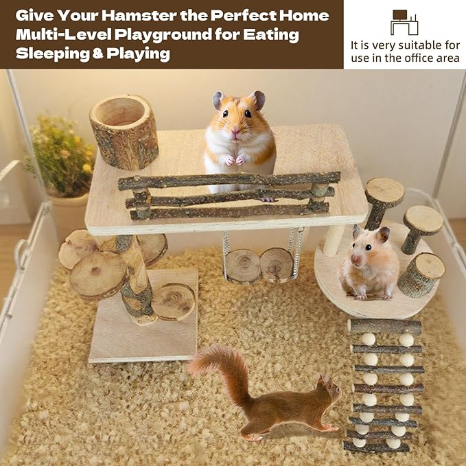 Hamster Playground & Climbing Toys Set, Natural Wooden Small Animal Activity Center with Ladder, Bridge, Ramp, Food Bowl, Multi-Room Hideout for Mice, Gerbils, Rats - Hamster Cage Accessories