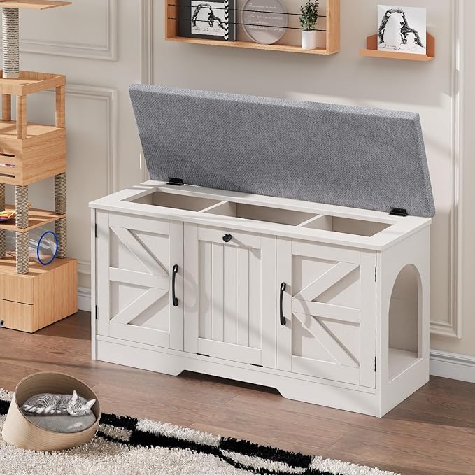 Vabches Flip Top Cat Litter Box Furniture with Storage, Cat Box Litter Enclosure with Cushion, Farmhouse Indoor Cat House with 3 Doors, Pet Washroom Hidden Litter Box, White