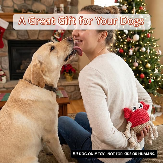 Squeaky Crab Dog Toy with Rope Legs - Durable Chew Toy for Small Dogs | Built-in Whistle & Crinkle Sounds | Teeth Cleaning | Interactive Dog Toys （RED）