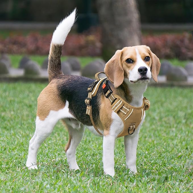 Timos Dog Harness Medium Sized, No Pull Pet Harness with Neck Lockable Snap,No Choke Front Clip Dog Reflective Vest,Adjustable Metal Rings 3 Buckles,Easy Control Handle for Medium Dogs Khaki M