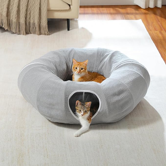 PEQULTI Cat Donut Tunnel with Bed for Indoor Cats, Cat Play Tunnel with Washable Soft Plush Mat, Round Tube Toys Cute Tube for Kittens, Puppies, Rabbits and Ferrets, Grey