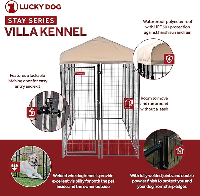 Lucky Dog Stay Series 4 x 8 Feet Villa Black Powder Coat Steel Frame Large Outdoor Dog Kennel with Waterproof Canopy Roof and Single Gate Door, Khaki