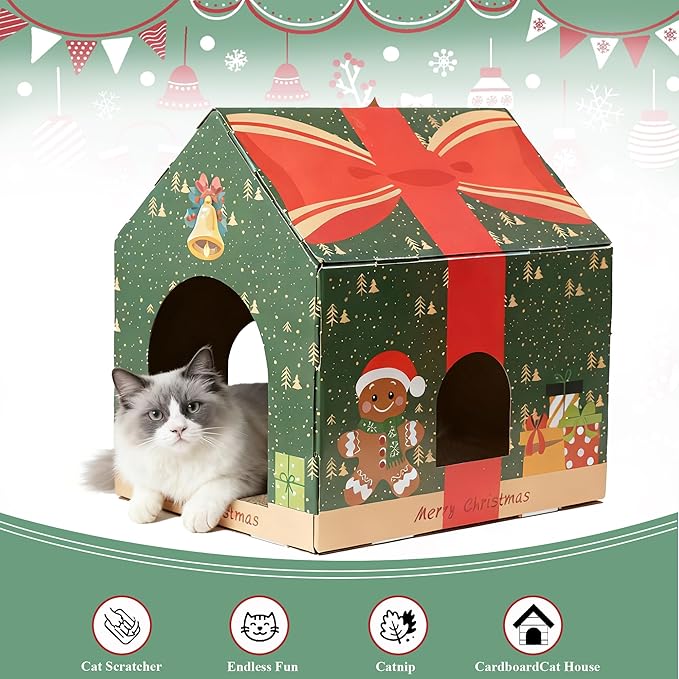 Cat Scratching House, Christmas Theme Scratcher Cardboard, Lounge Bed for Indoor Rest & Play, House Scratcher Pad (Green, 14.4 "L X 15" W X 11.8" H)