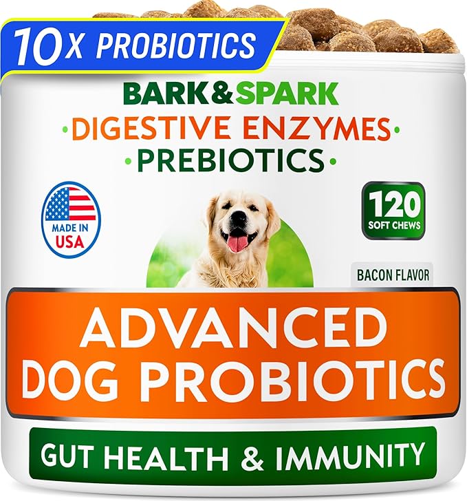 Bark&Spark Vet Strength Dog Probiotics Chews - 60 Billion CFU per jar - Digestive Enzymes for Dogs Gut Health - Chewable Supplement for Diarrhea, Gas, Constipation, Upset Stomach Relief (120 Ct)