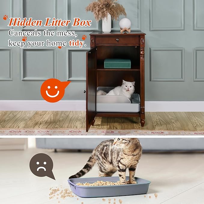 2-Set Solid Wood Cat Litter Box Enclosure, Hidden Litter Box Furniture, Wooden Pet House Storage Cabinet, Wooden Floor Cabinet for Hallway, Entryway or Living Room Home Decor, Cherry Walnut