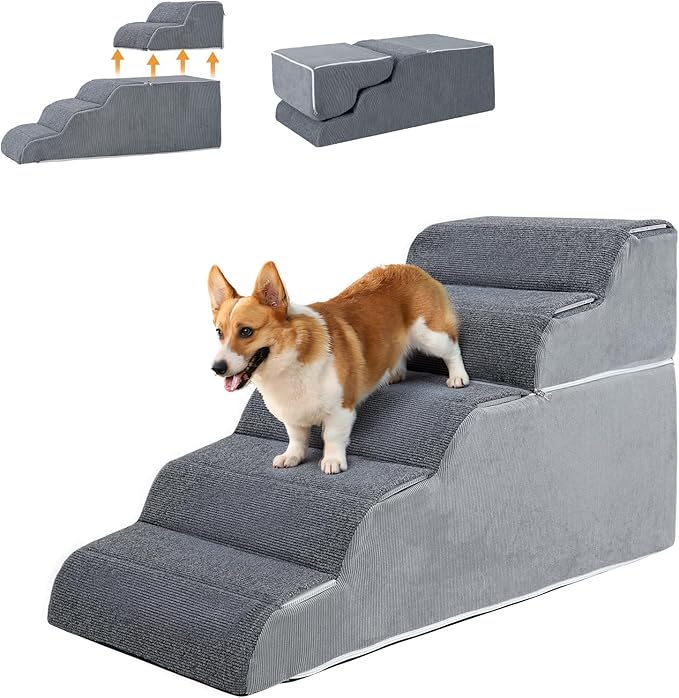 5-Steps Dog Stairs for High Bed and Couch 21.3" H, Wider Pet Stairs for Small Old Large Cats, 30° Steady Non-Slip Dog Steps Ramp with Removable Cover, PE Boards