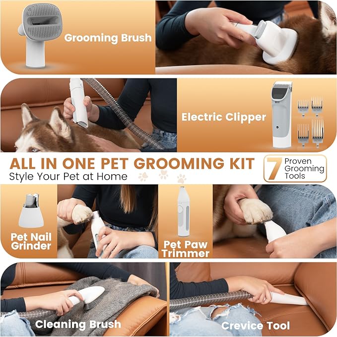 Dog Grooming Vacuum and Kit, Clipper Nail Trimmer Grinder, 2.5L Dust Cup 7 Grooming Tools 11000Pa Pet Vacuum for Shedding Grooming, Dog Hair Vacuum, Home Cleaning, PG50 Plus