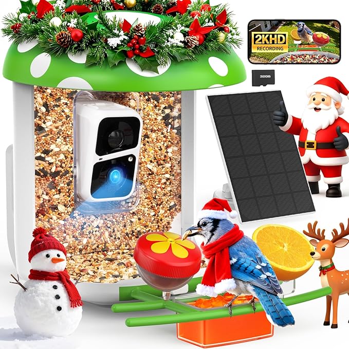 Smart Bird Feeder with Camera 2K Live Real-Time Alert AI Identify with 32G Card DIY Attachments Camera Bird Feeder Solar Powered Wireless Outdoor Birdwatching Gift for Birds Lover, Green