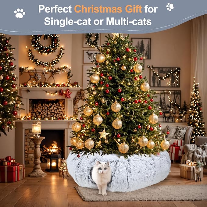 Cat Tunnel Bed for Indoor Cats, XL Christmas Tree Skirts Washable Warm Soft Indoor Cat Donut Tunnel, Multifunctional Cat Interactive Playground Toys for Felines Pet Christmas Tree Decoration
