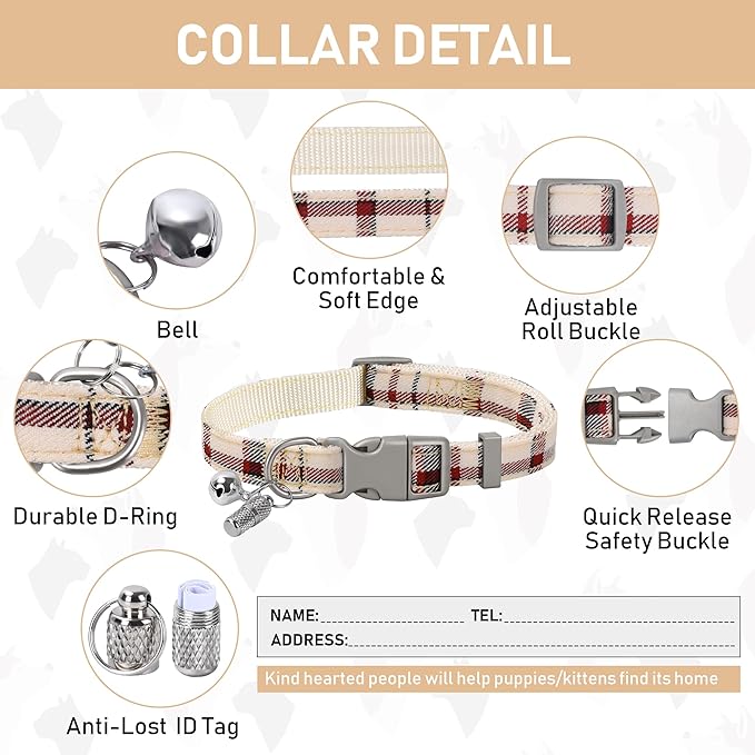 GAMUDA Small Dog Harness Collar and Leash Set, Step in No Chock No Pull Soft Mesh Adjustable Dog Vest Harnesses Plaid Reflective for Dogs Puppy Cats Kitten Rabbit (Warm Beige, M)