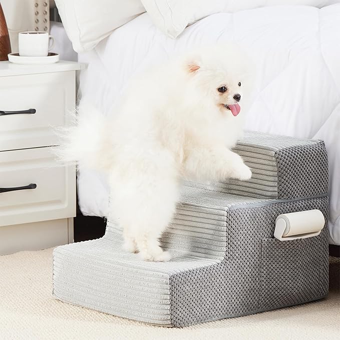 HYLEORY Dog Stairs for Bed 13.5''H, 3-Step Pet Stairs for Small Dogs & Cats, Sturdy Pet Steps with Non-Slip Bottom, Functional Portable Dog Ramp for Couch/Chair/Sofa/Car, Storage Pocket, Light Grey