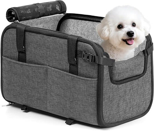 YUDODO Large Dog Car Seat for Center Console (Width＞9.5in) Fits 10-20lbs, Anti-Slip Puppy Cat Travel Portable Booster Seat, Luxury Pet Car Bed Carseat PU Leather Gray
