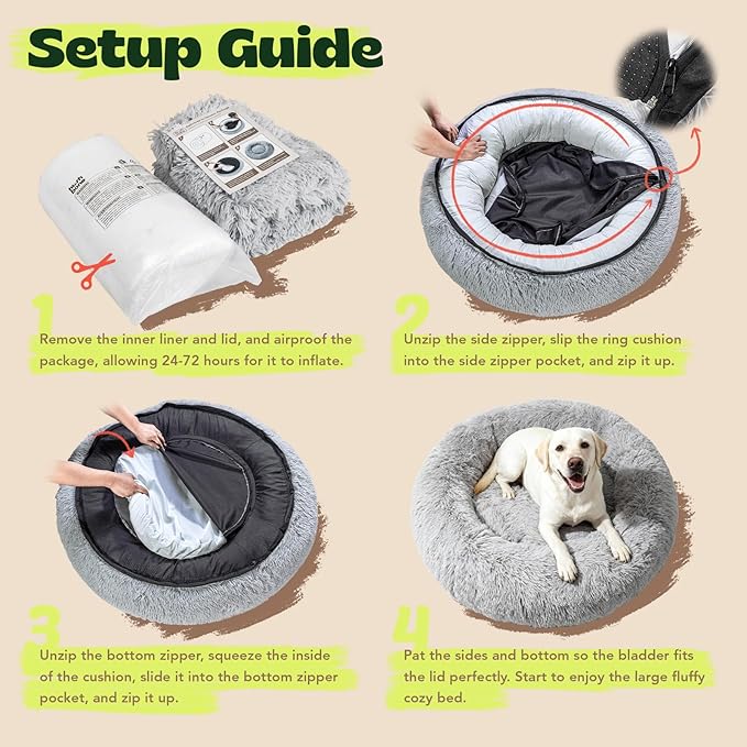 Calming Donut Pet Bed with Extra Large Thick Orthopedic Foam Cooling Gel Dog Bed XXL Waterproof Cover with Removable Washable,Giant Plush Comfort Couch for Anxiety Old Fluffy Friends Joints,Grey