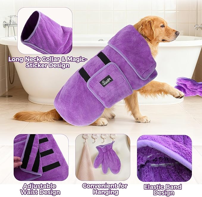 Mihachi Dog Bathrobe Towel Wrap Fast Drying with Drying Gloves Set, Super Absorbent Coral Fleece Dog Drying Coat Bath Robe for Puppy, Medium & Large Dogs, Adjustable Collar & Belly Strap, Purple 2XL