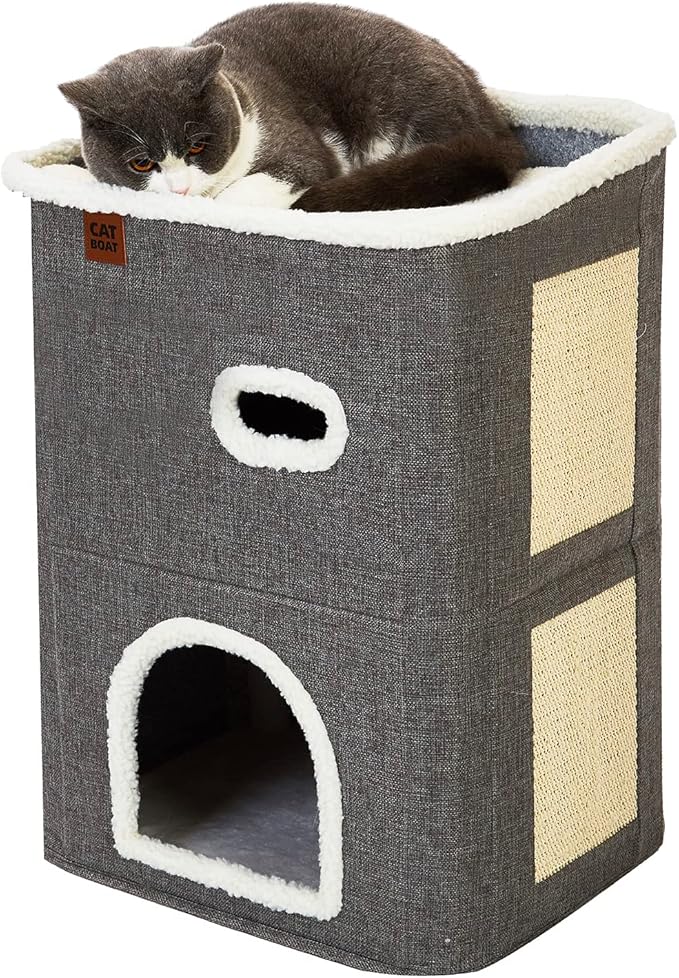CATBOAT 2-Storey Cat House for Indoor Cats Bed, Covered Beds & Furniture with Scratch Pad and Hideaway Cave, Cute Modern Condo for Multi Small Pet Large Kitten Kitty, Grey