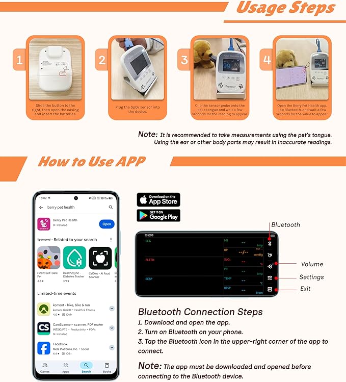 Veterinary Pulse Oximeter for Dogs Cats,Bluetooth Pet Heart Rate Monitor, Veterinarian Blood Oxygen Saturation and Pulse Rate Spo2 Monitor,Clinic or Pre-Vet Student Tools