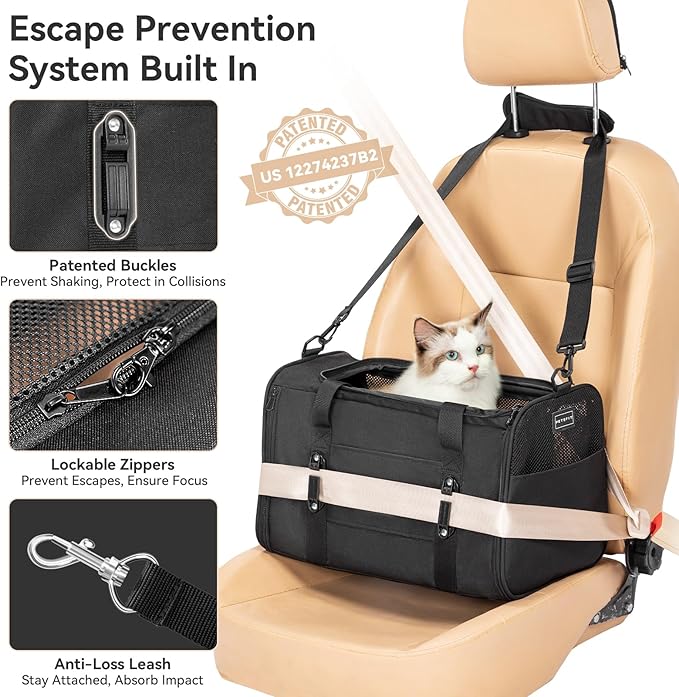 PETSFIT Cat Car Carrier for Small/Medium Cats Dogs, 18"x11"x11" Airline Approved Cat Carrier, with Patent Safety Buckles and Escape-Proof Zipper - Safeguarding Car Travel, Airplane, Vet, Outdoor