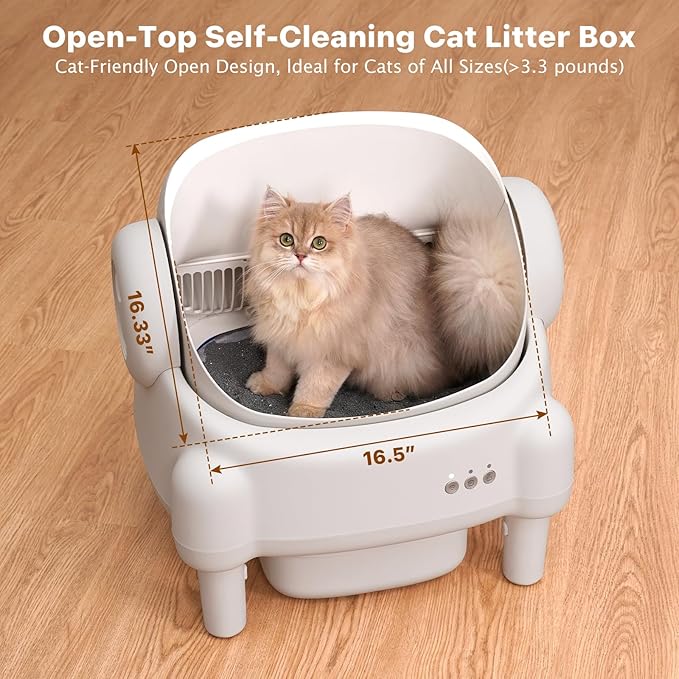 Self Cleaning Litter Box,Open Top Automatic Litter Box with App Control for Multiple Cats, Safety Sensors Protection, Odor Control Includes 2 roll Liners,Large Waste Bin, Cream White