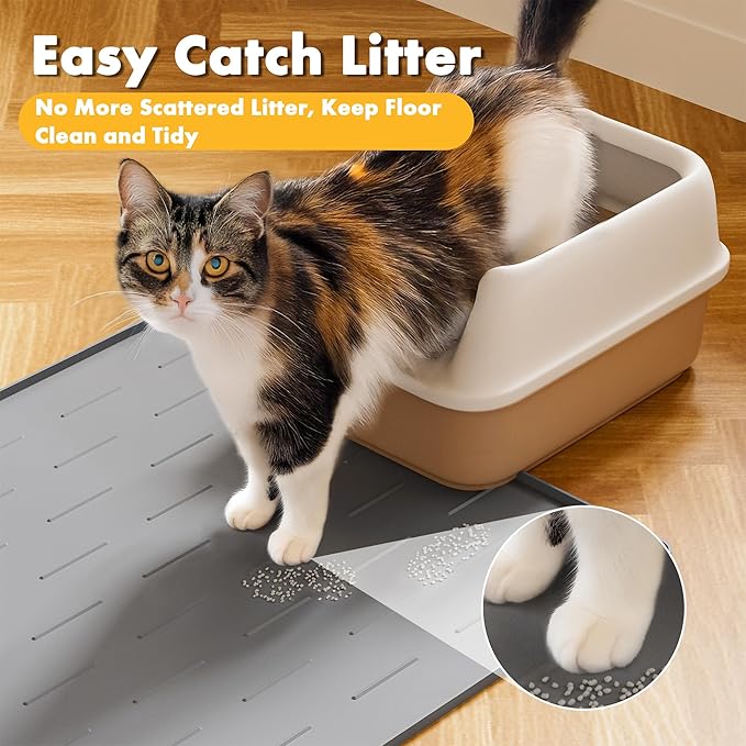 Pieviev Silicone Cat Litter Trapping Mat, 34''x22'' Large Cat Litter Mat, Easy to Clean & Soft on Kitty Paws, Waterproof Kitty Litter Pads for Indoor Cats, Light Grey