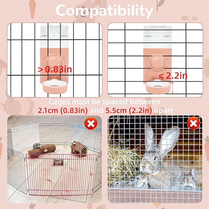 Rypet Hanging Rabbit Water Bottle Cage, 21oz Guinea Pig Water Bottle Dispenser, Automatic Small Pet Cage Water Feeder for Bunny Chinchilla Hamster Hedgehog Ferret Rat Gerbil Small Animal (Pink)