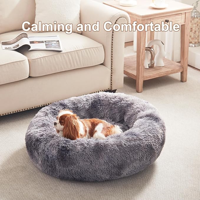 30 inches Donut Dog Bed for Medium Dogs,Calming Fluffy Round Pet Bed with Removable & Washable Cover,Fits up to 45 lbs Pets(Tie-dye Grey,Medium)