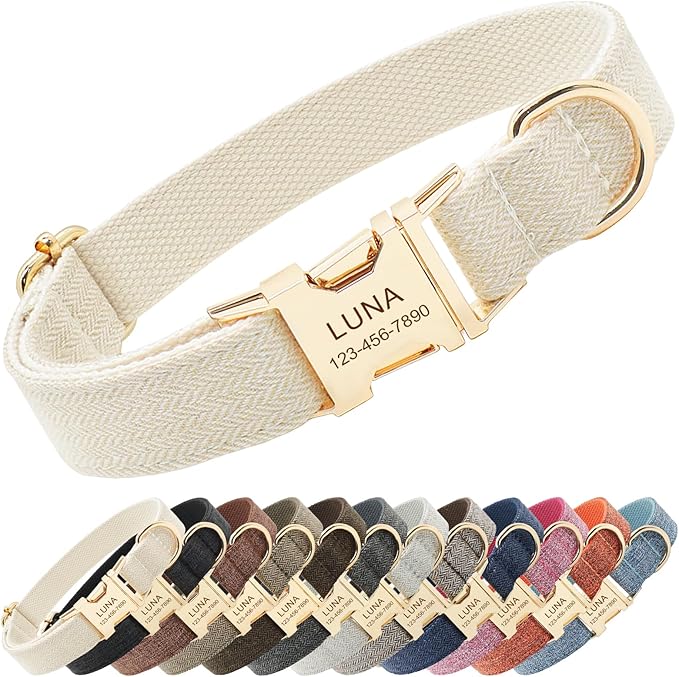 Polyester Personalized Dog Collar with Name and Phone Number, Customizable Laser-Engraved Collar with Metal Quick Release Buckle for Dogs (Beige)
