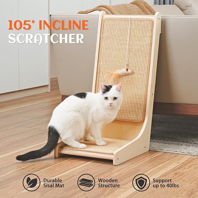 PETKARAY 105° Cat Scratcher, Sisal Kitty Scratch Pad, L Shape Scratching Board for Indoor Cats, Floor Mounted Scratcher with Mouse Toy Catnip
